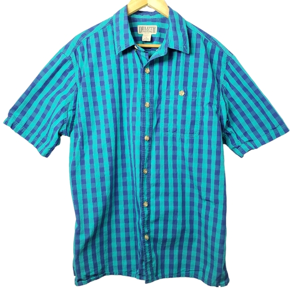 Duluth Trading Co Blue Teal Check Plaid Short Sleeve Button Down Collar, Large - Picture 1 of 12